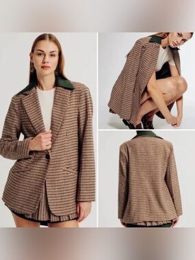 Torn by RONNY KOBO $248 Anok Houndstooth Blazer Double Collar Jacket NWOT Sz L